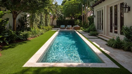 A serene backyard oasis featuring a sparkling pool surrounded by lush greenery and comfortable lounging chairs.