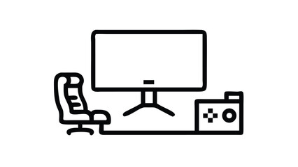 Gaming Room Monoline Outline Scene. Minimalist Gamer Workspace Line Art Vector Illustration