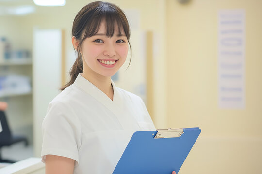 病院の受付でクリップボードを持つ笑顔の看護師「生成AI」 - Powered by Adobe