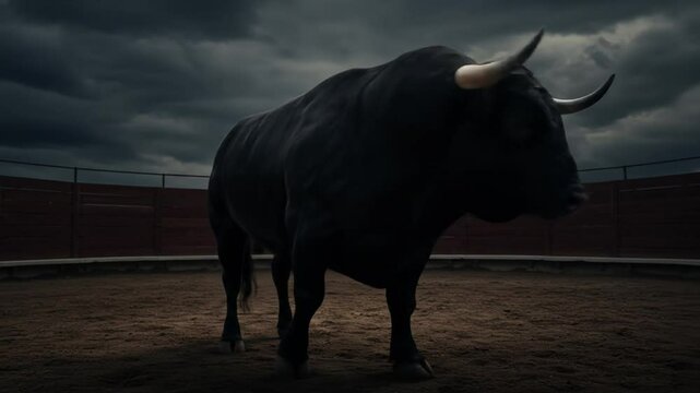 Black bull facing forward in dramatic bullring