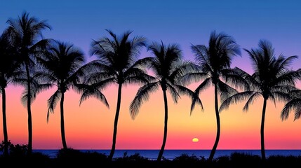 Sunset with a row of tall palm trees silhouetted against the sky