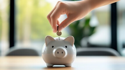 hand putting coin into piggy bank symbolizing saving money in economy modern