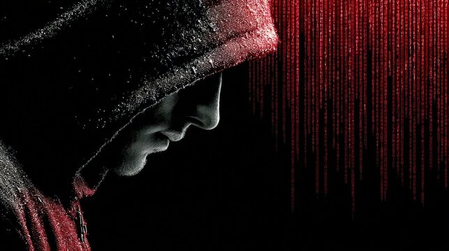 Hacker in Dark Hoodie With Red Code Background