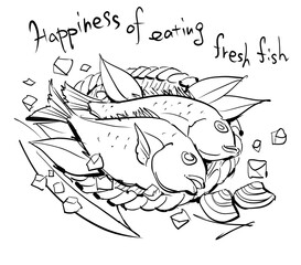 Fresh Fish and Shellfish Line Drawing Illustration and English Text