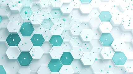 A geometric arrangement of white and teal hexagons with connected spheres in a pattern design