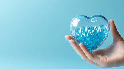 Hand holding transparent heart blue ball with heartbeat translucent isolated blue background