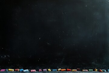 A blank chalkboard with colorful chalk pieces scattered along the bottom edge, creating an empty space for writing or drawing. The dark, minimalistic background emphasizes the colors of the chalk