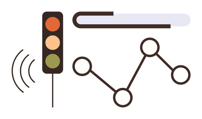 Traffic light emitting sound waves, progress bar, and connected line graph nodes. Ideal for concepts thumbs up traffic management, progress tracking, analysis, decision making, technology