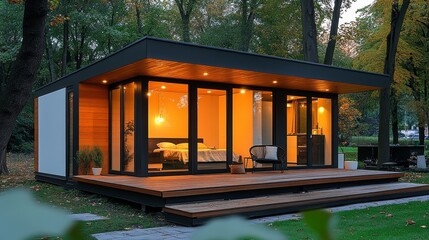 Small modern mobile house at the backyard
