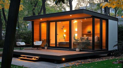 Small modern mobile house at the backyard