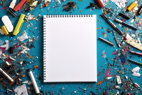 A blank sheet of notebook paper surrounded by colorful stationery and office supplies on an isolated blue background with copy space for text or design, flat lay top view. High-resolution