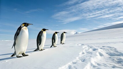 Stunning Emperor Penguins in Antarctica Snow Landscape Under Blue Sky