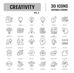 Creativity icon set. Containing inspiration, imagination, design, idea, creative, improvisation, sketching, brainstorming and more. Vector illustration