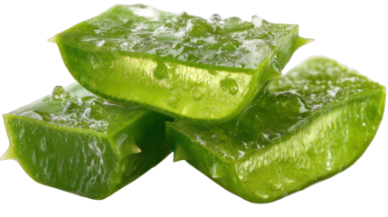 Stack of three, wet, green, prickly aloe vera segments