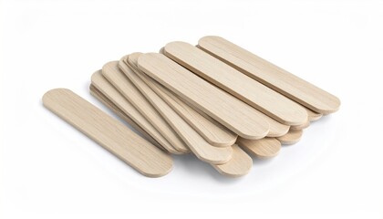 Stacked Tongue Depressors in Pale Brown Wood on White Background Light Angled View Medical Tools Isolated Background