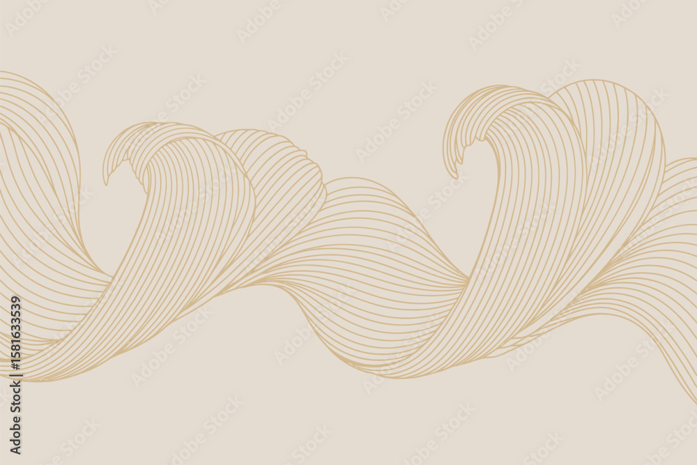 Poster abstract beige background with flowing golden lines forming wave like shapes in a horizontal pattern