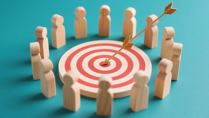 Wooden figures surrounding a target with an arrow in the bullseye on a blue background surface