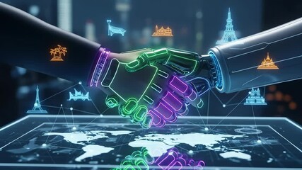 Futuristic handshake between human and robot over a digital world map with iconic landmarks - Powered by Adobe