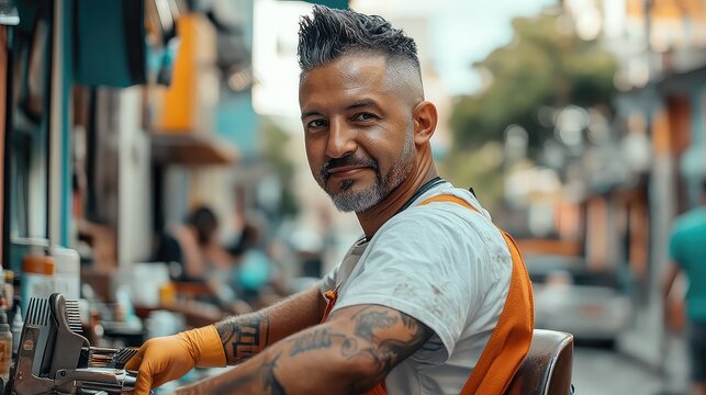 Street barber in action with focused detail urban environment and authentic moment perfect for documentary-style storytelling