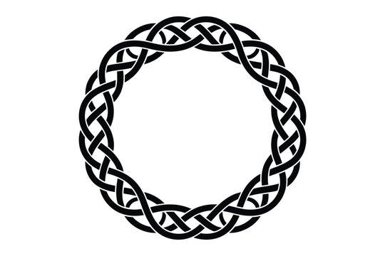 Black celtic knot circle frame design element on white background intricate interlaced pattern artwork