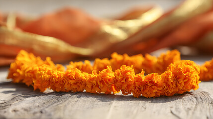 Orange marigold garland on wooden surface with saffron silk, celebrating India's Independence Day spirit.