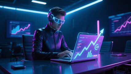 Man with vr headset working on laptop with stock chart in futuristic neon lit conference room