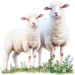 Fototapeta premium Two realistic wool sheep standing on green grass surrounded by flowers isolated on white background