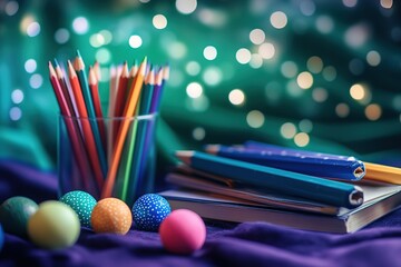 A close-up of school supplies on the table, such as pencils and a mystical, hazy green background with white dots, creating an atmosphere reminiscent of advertising photography. The composition