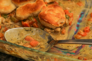 Close-Up of Homemade Chicken Pot Pie Being Prepared with Simple Ingredients