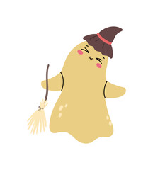 Cute Ghost with a broom. Clipart. Happy Halloween. Нand drawn vector