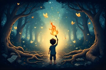 A child stands holding a flame in a mystical forest, surrounded by glowing butterflies and trees.