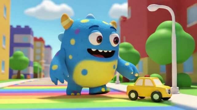 Colorful monster playing with toy car in vibrant city
