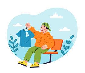 flat man buy cloth with discount shopping illustration