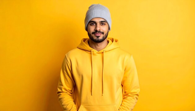 Man in yellow hoodie and gray beanie against a yellow background