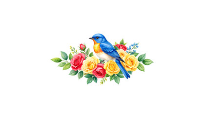 Obraz premium Bouquet of roses with birds on a branch isolated on white background 