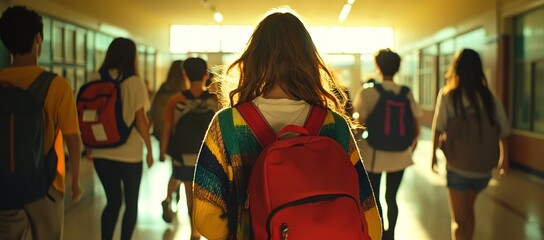 A group of high school students walking down the hallway with backpacks on their backs, captured from behind and focusing on one girl in focus. The setting is an indoor corridor at her suburban
