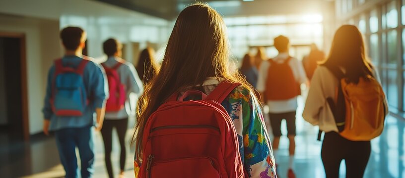 A group of high school students walking down the hallway with backpacks on their backs, captured from behind and focusing on one girl in focus. The setting is an indoor corridor at her suburban