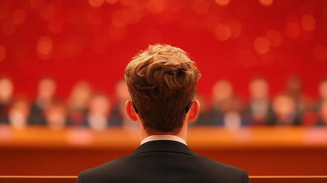 Speaker with Earpiece Facing Red Audience