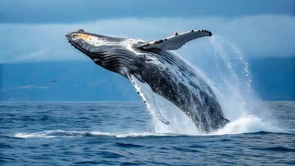 Fototapeta premium Majestic Humpback Whale Breaching Ocean Waves Under Blue Sky