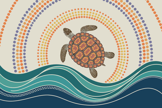 Aboriginal artwork depicting a sea turtle swimming in the ocean with a colorful dotted sky and rolling waves.