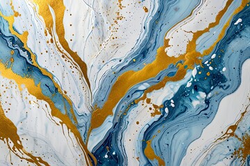 Abstract white blue gold paint liquid luxury background