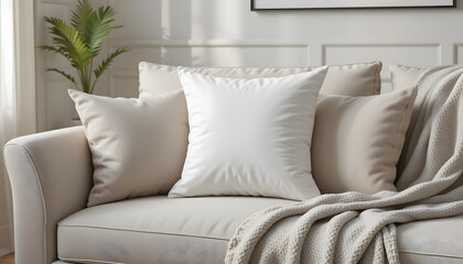 Modern Sofa with White Throw Pillows – Cozy Living Room Cushion Mockup for Interior Design