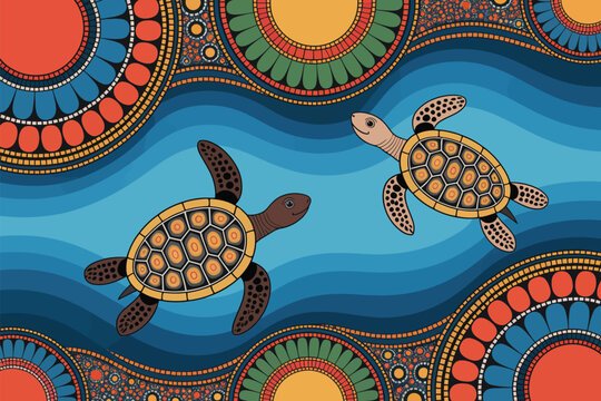 Two charming sea turtles swim through a stylized, colorful ocean environment with unique, ornate, aboriginal inspired designs.
