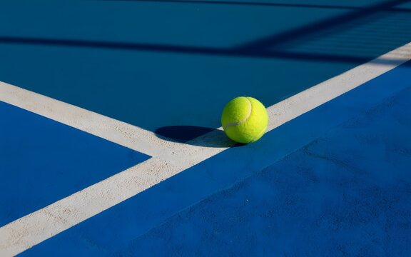 Single yellow tennis ball on blue court with white lines sports recreation