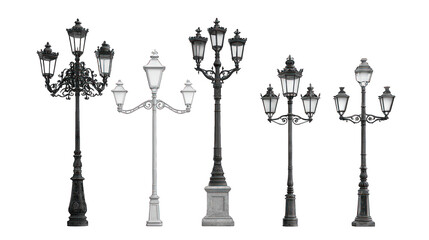 Varied streetlamps ornate, decorative, Victorian era