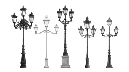 Varied streetlamps ornate, decorative, Victorian era