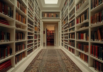 A long library hallway with white shelves filled to the ceiling, each shelf holding books of various sizes and colors. The floor is covered in a carpeted texture that reflects light from above.