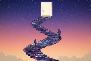 Two figures ascend a staircase made of books towards a glowing door in the night sky.