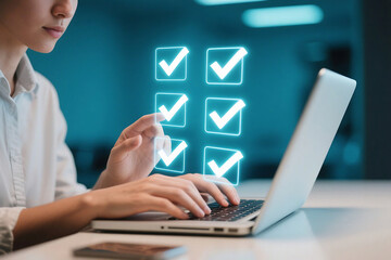 Person using laptop with digital checklist interface and glowing check mark icons displayed above