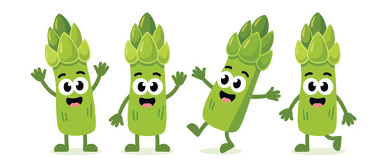 Obraz premium Four happy cartoon asparagus characters waving and smiling with joy